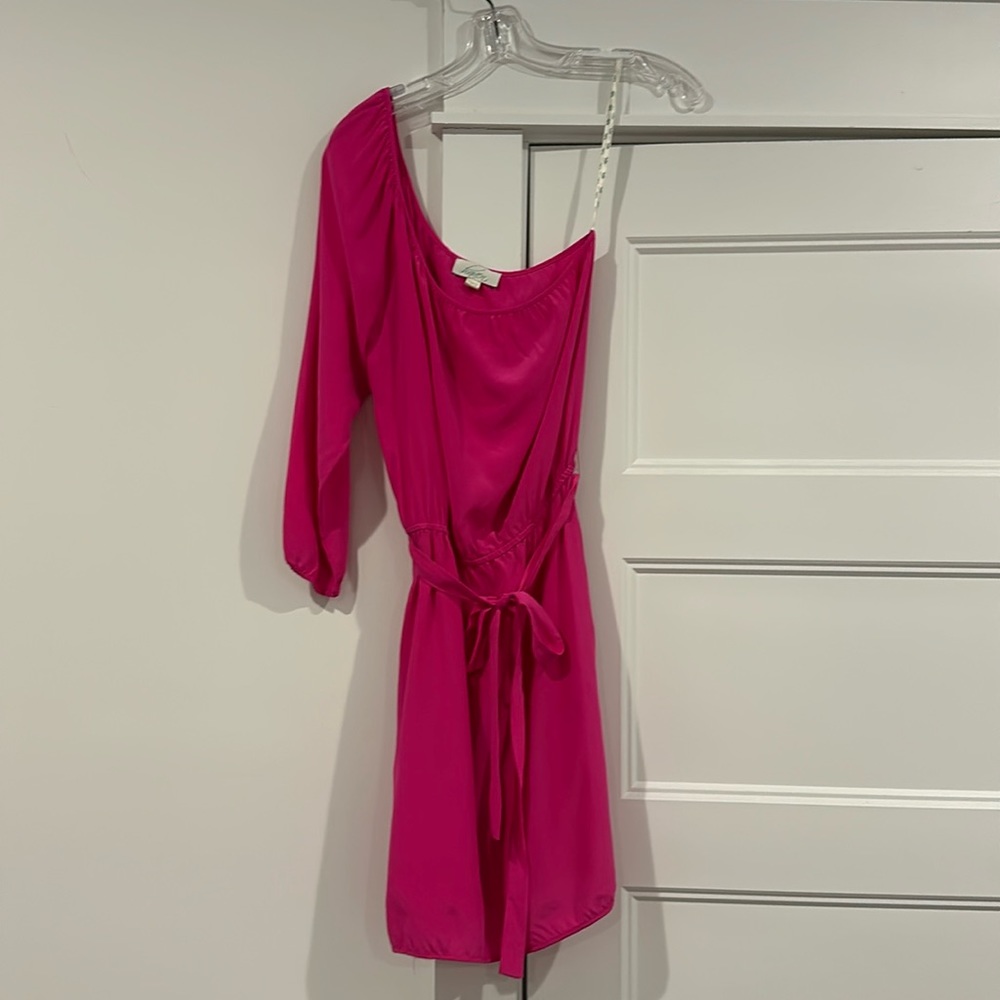 Haven one sleeve pink silk mini dress